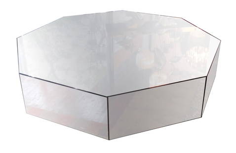 Mirrored Glass Coffee Table: All glass coffee table in an octagonal shape. Mirrored glass on all sides and top. // Pickup location: Brooklyn, NY // Dimensions: Height: 12 in (30.48 cm)Diameter: 60.5 in (153.67 cm) // Condition: G