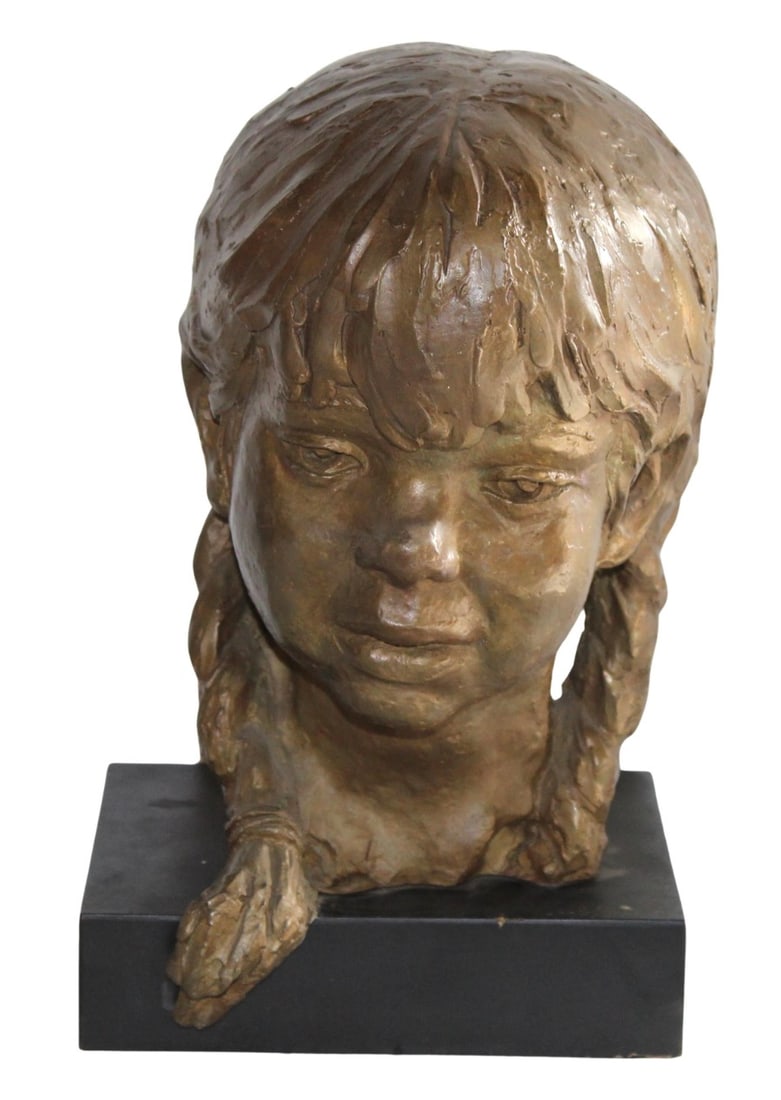 'Girl In Pigtails' Signed Sculpture: Detailed bust of a young girl with pigtails set on a black wood base. The statue is heavy signed by the artist. // Pickup location: Brooklyn, NY // Dimensions: Height: 11 in (27.94 cm)Width: 7 in (17.