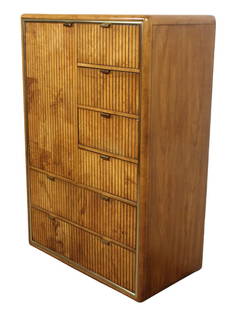 Burl Wardrobe by American of Martinsville: This unique highboy dresser by American of Martinsville boasts a ribbed front made of burled walnut with accenting bras hardware. Ample storage with six drawers and cabinet space with three hanging ro
