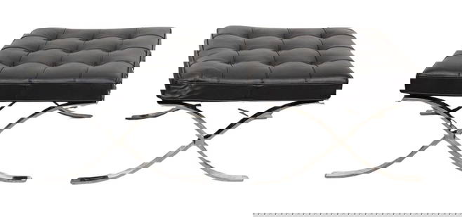(Single) Barcelona Stool by Ludwig Mies van der Rohe: Put your feet up on an iconic mid-century design!Created by Ludwig Mies van der Rohe in 1929 to accompany his Barceloa chair. The sculpted metal frame in polished chrome is accentuated by the black le