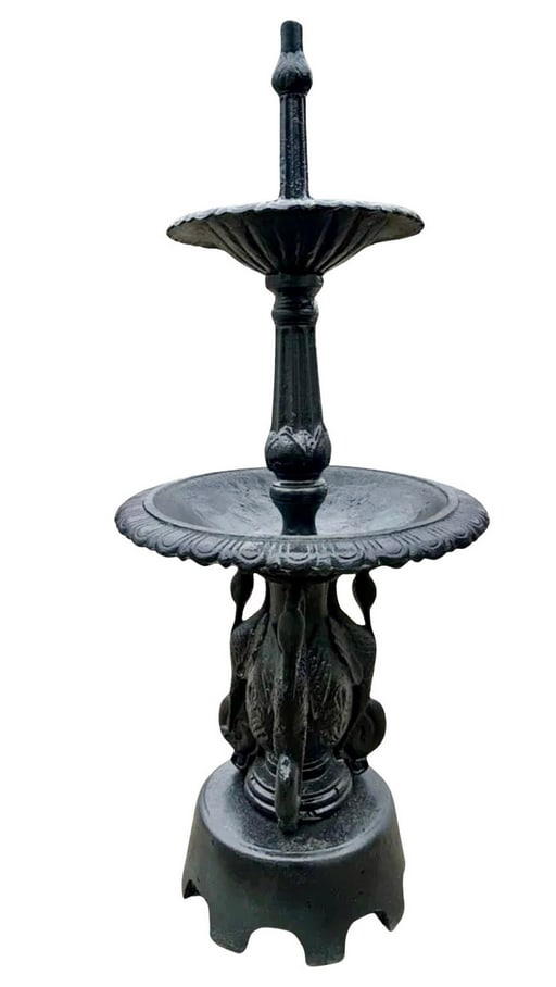 Cast Iron Fountain: Tall fountain, almost 5 feet high with two round basins and egrets at the base. // Pickup location: Wall, NJ // Dimensions: Diameter: 24 in. Height: 58 in. // Condition: Age-appropriate wear, minor sc