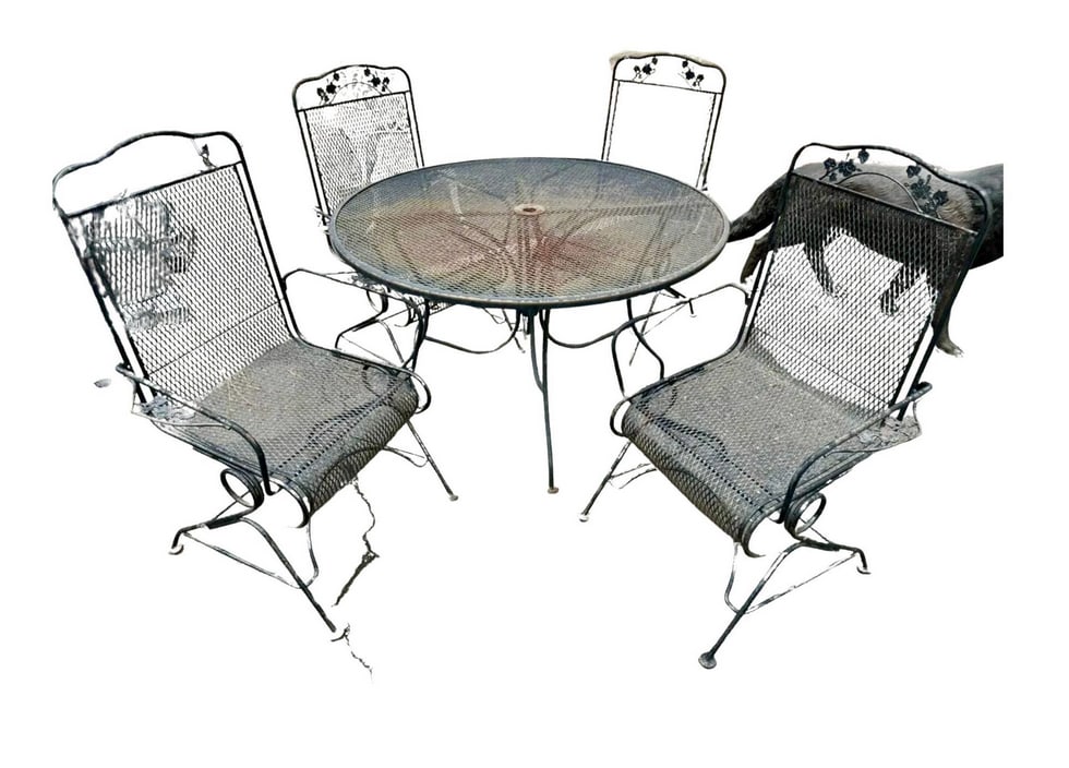 Vintage Outdoor Dining Set: Round Table with 4 Chairs. All pieces are wrought iron and painted black. // Pickup location: Wall, NJ // Dimensions (Table): Diameter: 48 in. Dimensions (chairs): Width: 29 in. Depth: 24 in. Height: