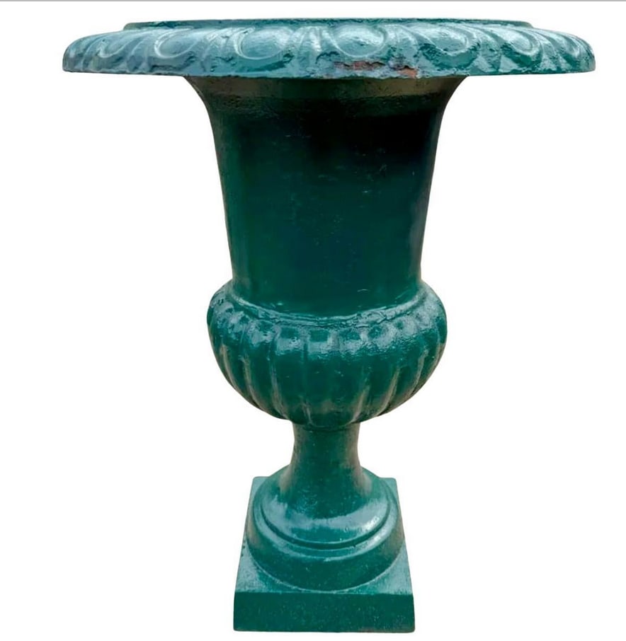 Large Green Urn: Vintage garden urn made of cast iron and painted. // Pickup location: Wall, NJ // Dimensions: Diameter: 22 in. Height: 30 in. // Condition: Age-appropriate wear, minor scuffs/scratches/fading, oxidati