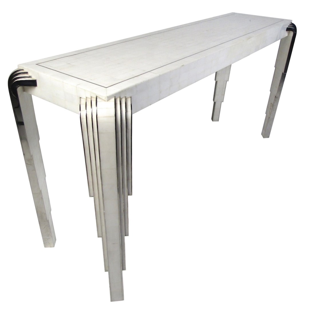 Maitland-Smith Style Console Table: Vintage tessellated stone console table in the style of Maitland-Smith. Handsome table with mirrored accents along the legs. // Pickup location: Brooklyn, NY // Dimensions: Height: 29 in (73.66 cm)Wid