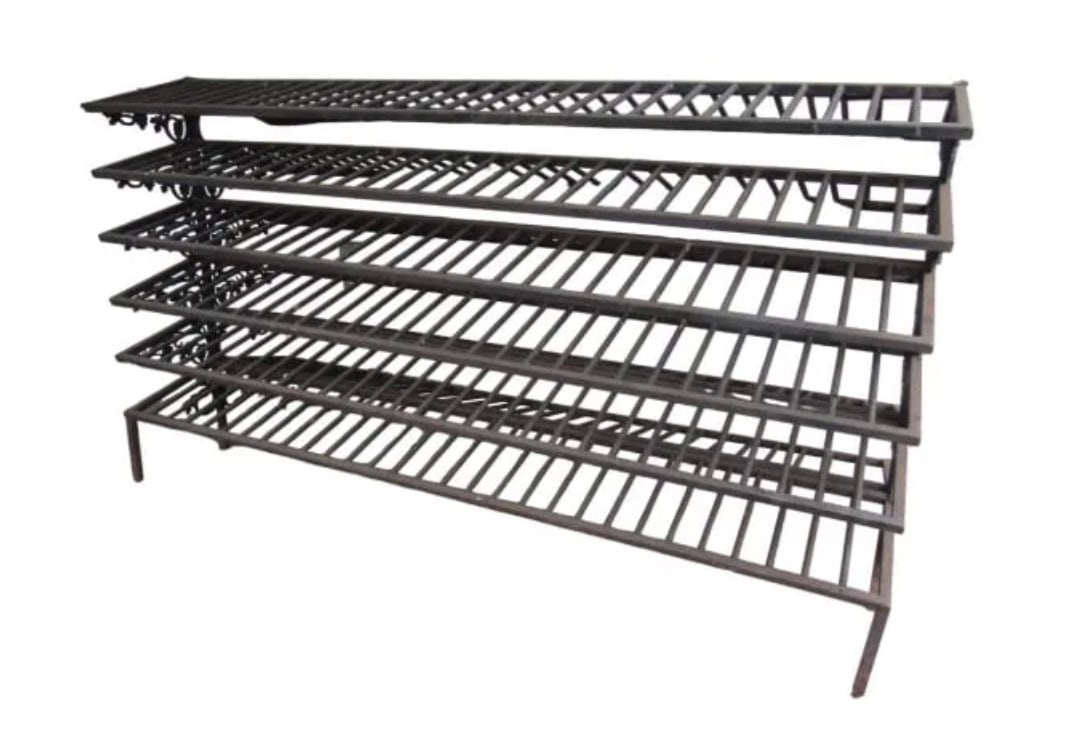 Industrial Wine Rack: Large iron rack with six shelves. // PICK UP LOCATION: Wall, NJ // Dimensions: W:96"D:30"H55" // Condition: Age appropriate wear, scratches, Loss //