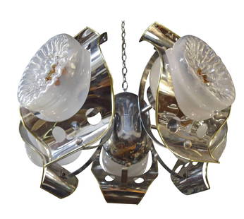 Italian Chandelier by Mazzega: Five globe chandelier with polished chrome and brass trim. Round blown glass globes with amber coloring. // PICK UP LOCATION: Brooklyn NY // Dimensions: Height: 24 in Diameter: 16 in // Condition: Wea