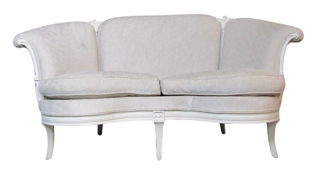 French Antique Style Loveseat: Antique revival loveseat with French inspired wood carved frame and soft cushions. Decorative detailing throughout the sculpted wood frame. // Pickup location: Brooklyn, NY // Dimensions: Height: 36 i