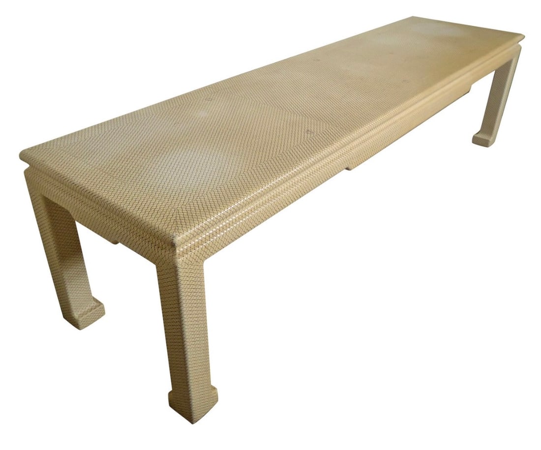 Mid-Century Ivory Color Console Table by Karl Springer: Vintage-Modern ivory console table by Karl Springer.Long sculpted sturdy form, perfect for living room use. // // Dimensions: Height: 23 in (58.42 cm)Width: 84 in (213.36 cm)Depth: 22 in (55.88 cm)Sea