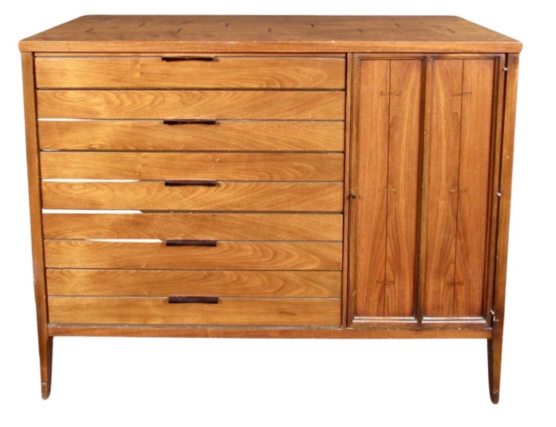 'Tuxedo' Series Wardrobe Cabinet by Lane Furniture: This tall cabinet made by Lane Furniture was designed by Ernest Swarts and O.B. Solie for their 'Tuxedo' series. The name comes from the rosewood inlaid bow ties set into the walnut frame. Matching bl