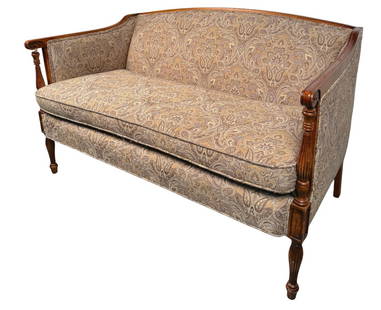 Antique Paisley Sheraton Loveseat: Bring the perfect blend of luxury and comfort into your home with this stunning Paisley Sheraton Loveseat. Featuring intricate paisley upholstery in rich, muted tones, this piece exudes timeless sophi