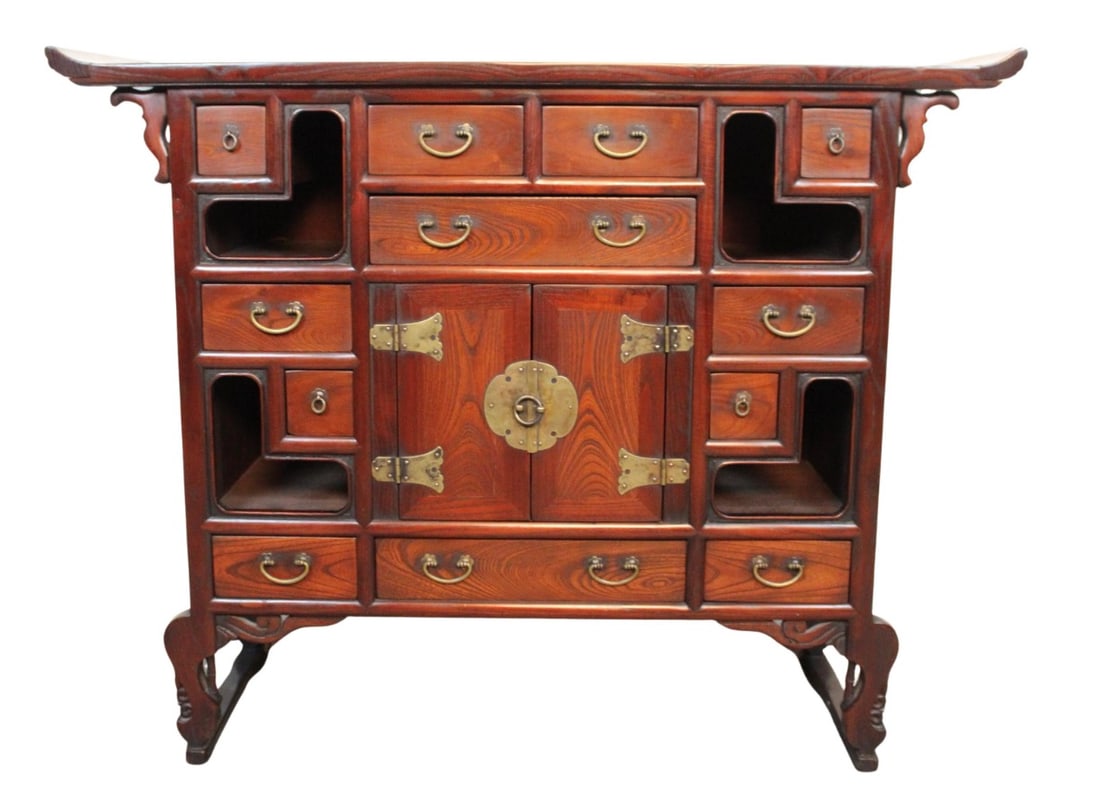 Asian Pagoda Buffet: This Asian style console table with storage is an eye catching piece with functionality. Beautifully designed in the pagoda style with butterfly wings at the end of the top, many small drawers for sto