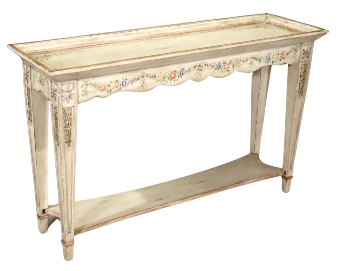 Paint Decorated Wood Console: This rustic console table is beautifully painted with floral designs. Attractive age and wear throughout. // Pickup location: Swedesboro, NJ // Dimensions: Height: 32.25 in (81.92 cm) Width: 52 in (13