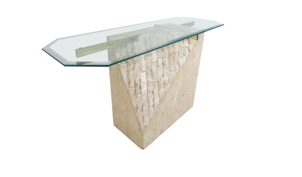 Faux-Marble Artedi Style Console Table: Stylish faux-marble console table in the style of Artedi. Sturdy base with a textured angular accent. Brass cross-section on the base supports a sizable glass tabletop. Perfectly suited for use as a h
