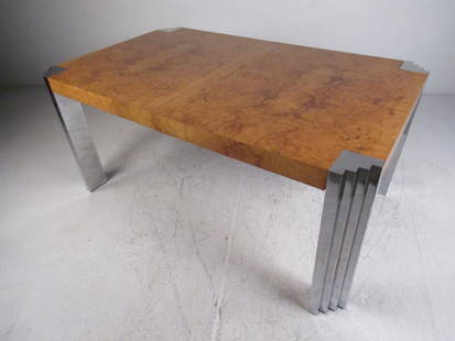 Vintage Milo Baughman Style Olive Burl Dining Table: Unique Mid-Century Olive Burl dining table designed by Rowe. This table includes two leaves for Expansion of up to 102 inches wide. Stylish Chrome legs and rich burl finish make this stunning table th