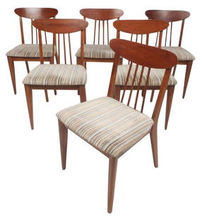 Mid-Century Dining Chairs by Heritage-Henredon: The beautiful set of six dining chairs have colorful plush upholstery and unusual spindle back rests. The vintage walnut finish and tapered legs make this set the perfect addition to any modern interi
