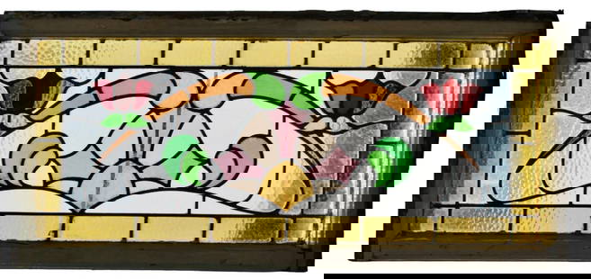 Floral Stained Glass Window 18" x 41": Stained glass window with Art Nouveau style ornamentation. Featuring a center sun with two roses on either side. Textured glass throughout giving privacy and allowing ample light in.Currently housed i