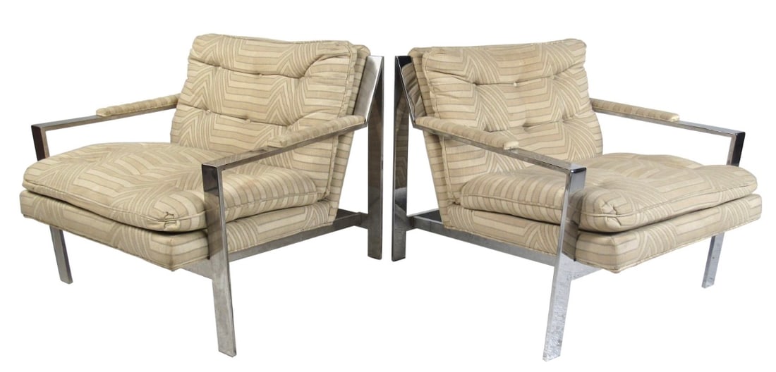 Milo Baughman Style CY Mann Chrome Frame Lounge Chairs: Vintage flat bar chrome lounge chair designed by Cy Mann in the style of Milo Baughman. Featuring a tufted seat and back with a heavyweight chrome frame, this simple yet elegant design is both stylish