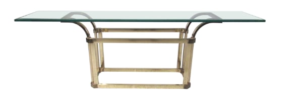 Vintage Modern Brass and Glass Console Table: This oversized vintage brass sofa table features a midcentury-style brass base with a thick beveled glass top.//PICK UP LOCATION: Wall, NJ // Dimensions: W:80 D:16 H:25.75 // Condition:age appropriate