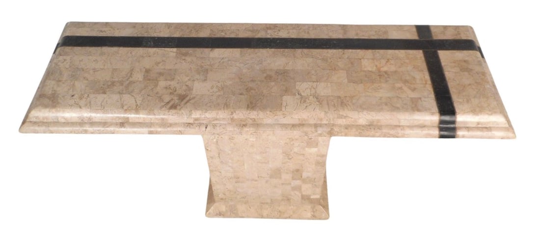 Mid-Century Maitland-Smith Style Tessellated Stone Console Table: Stunning vintage modern hall table made of tessellated stone with elegant black inlays lined in a brass color. Unique tabletop with smooth beveled edges sits on top of a sturdy pedestal style rectangu