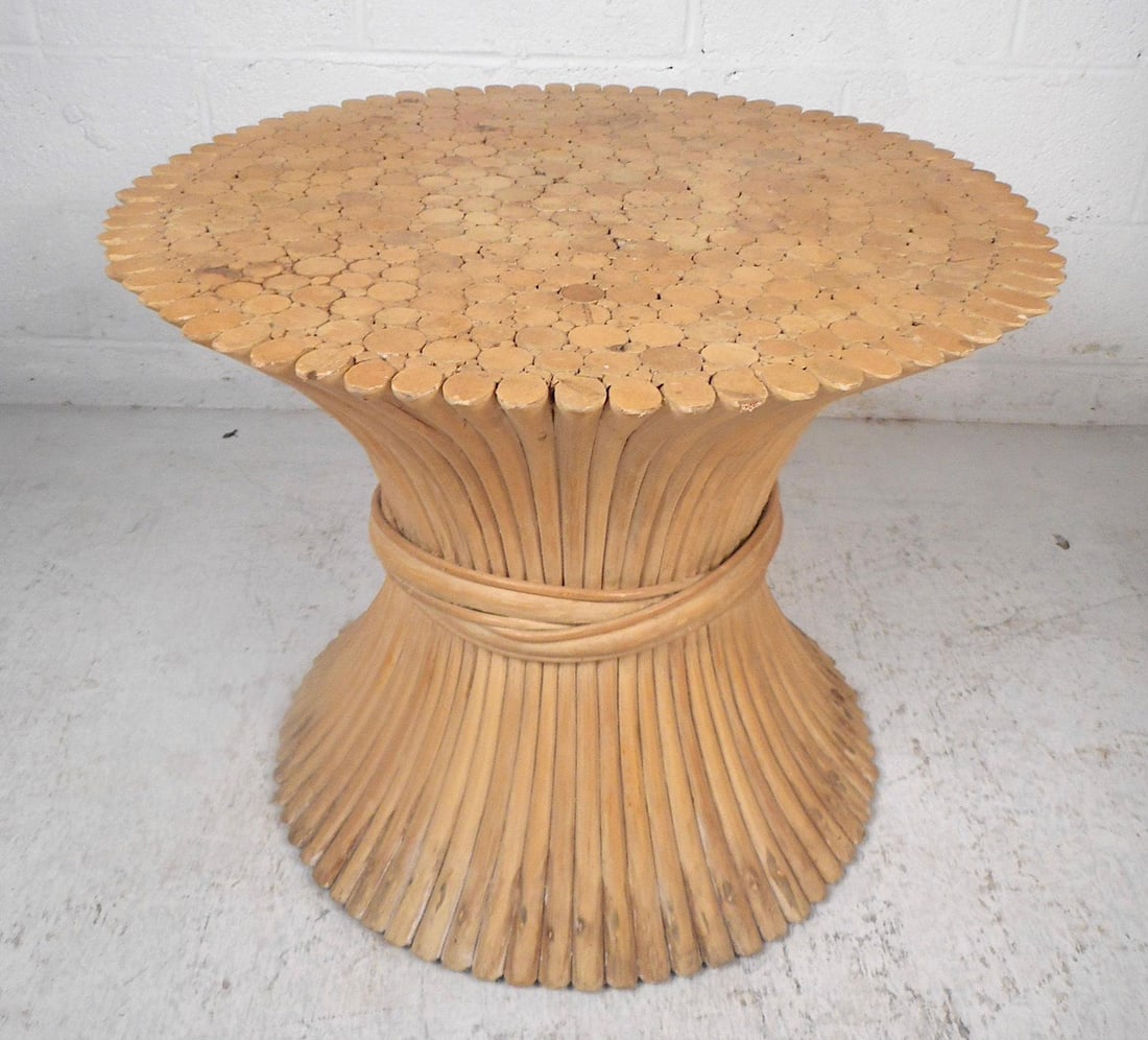 Bamboo Sheaf Table by McGuire: Stylish midcentury table by McGuire. Sleekly sculpted bamboo base, with bowtie accent in the center. // PICK UP LOCATION: BROOKLYN NY // Condition:Wear consistent with age and use. Minor