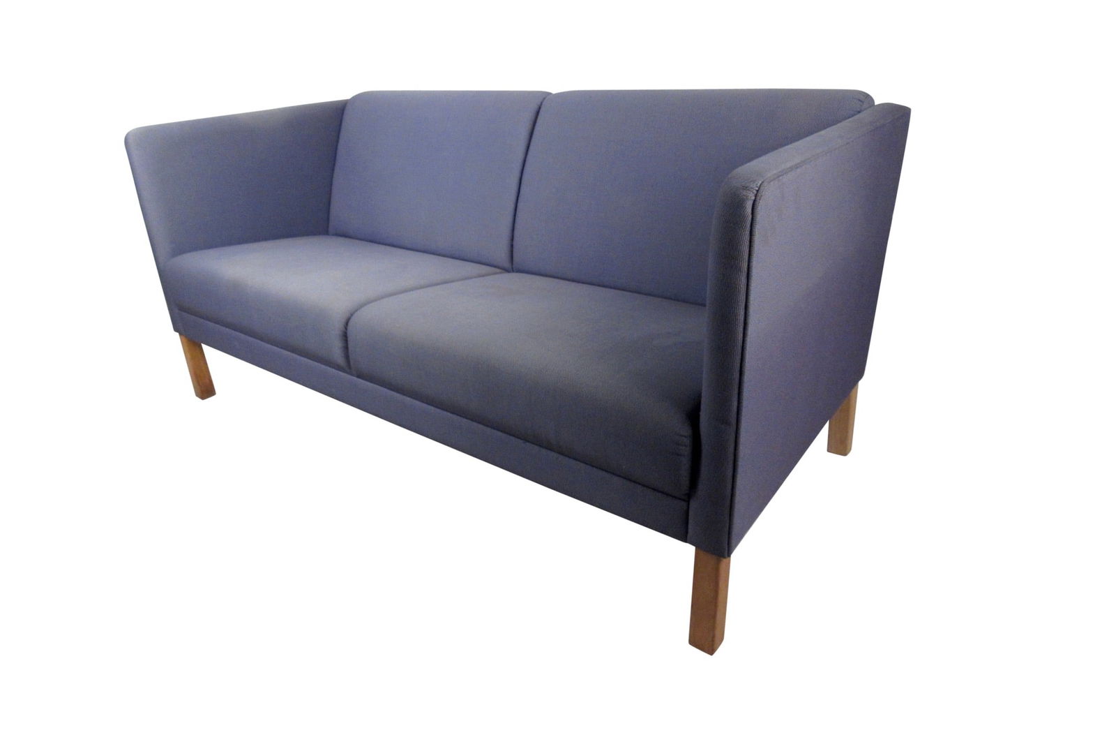 Danish Modern Sofa Loveseat: This mid-century modern Danish sofa features clean lines and unique tapered legs. Scandinavian modern style adds a retro flare to any home or office space. Perfect two-seat sofa for home seating area
