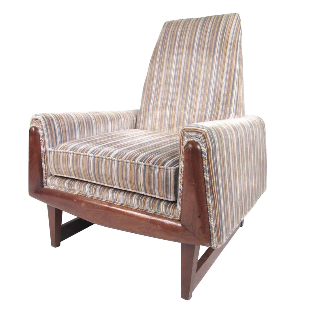 Vintage Modern Adrian Pearsall Style Lounge Chair: This unique vintage lounge chair features a high sculpted back, unique walnut trim, and vintage striped fabric. Sled style legs add to the Mid-Century Modern appeal of this Adrian Pearsall style