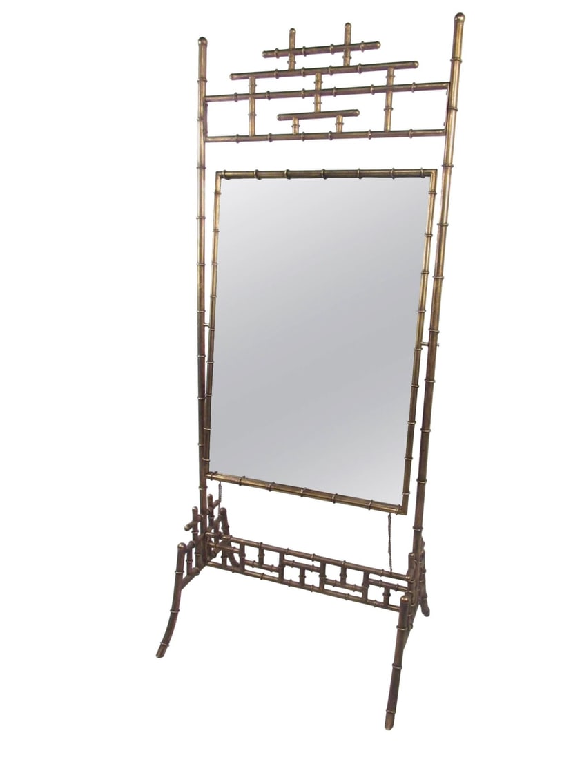 Vintage Full Length Dressing Mirror: This unique vintage mirror features a stylish Asian motif, gold leaf finish, faux bamboo frame, and pivots neatly in it's sturdy four leg frame. Perfect mirror for bedroom, dressing room, or business