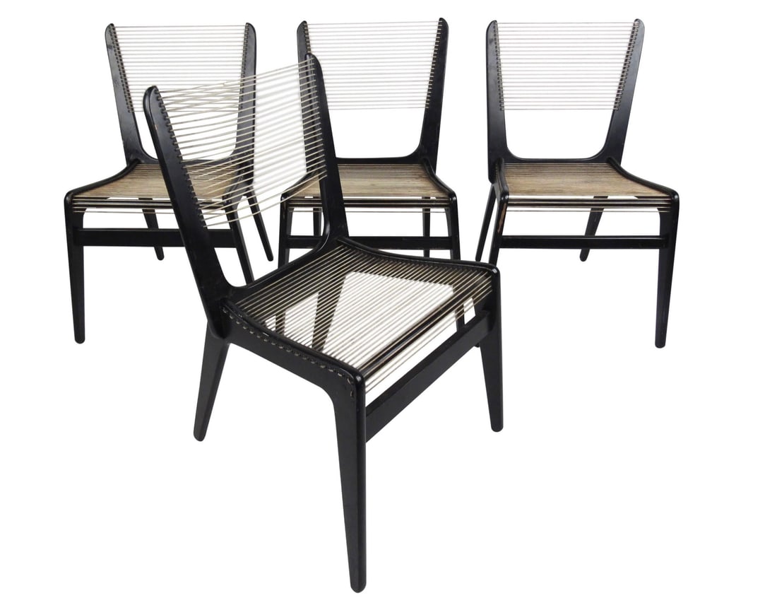 Jacques Guillon Cord Chairs: This rare set of Mid-Century Modern dining chairs by Jacques Guillon features black lacquered wooden frames with rope cord seat and back. Stylish vintage design makes these unique string chairs an unu