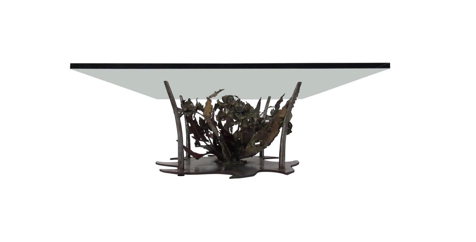 Signed Mid-Century Silas Seandel Coffee Table: Nice abstract Brutalist flora motif in mixed metals. Signed 1971. // PICKUP LOCATION: Wall, NJ // Condition: Good. Wear consistent with age and use. age appropriate wear, vintage finish worn in areas,