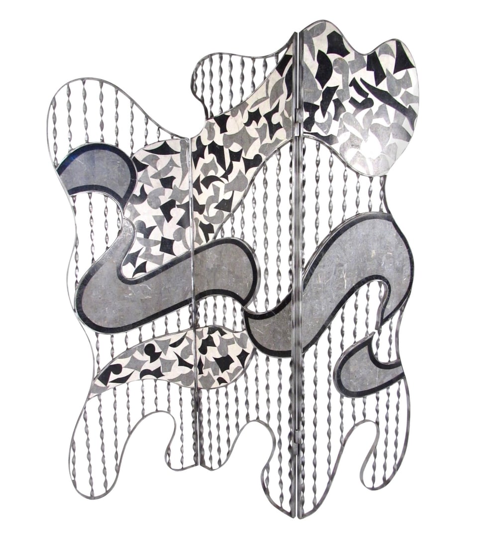 Modern Three-Panel Screen Divider with Steel and Marble Finish: This stunning and stylish decorative screen makes a wonderful accent divider or wall art, combining sculpted steel frame with parquet marble inlays. Perfect room divider or screen for home, business,