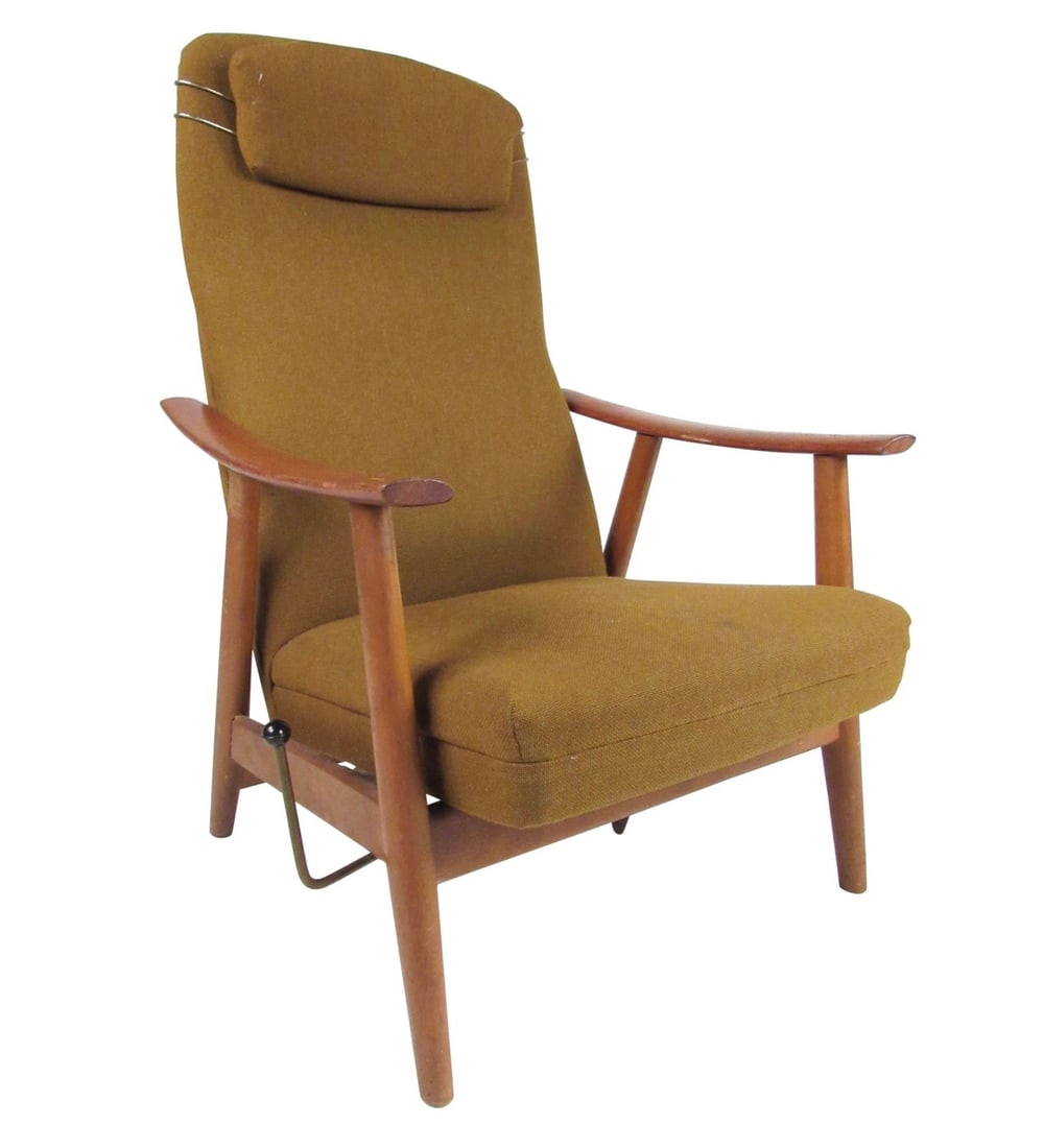 Tall Danish Modern Lounge Chair: This beautiful Mid-Century Modern lounge chair features teak hardwood frame and high back upholstered seat. Adjustable reclining option locks the chair into varying angles for optimum comfort. Strikin