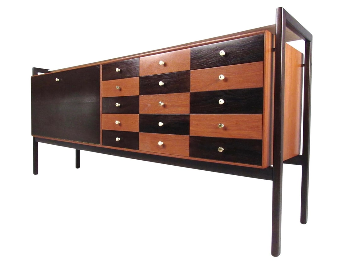 Italian Modern Floating Buffett Server, ca. 1950s: This unique Italian sideboard features incredible Mid-Century design details including checkerboard front, a white glass top tier, and drop front storage cabinet. Stunning vintage design with