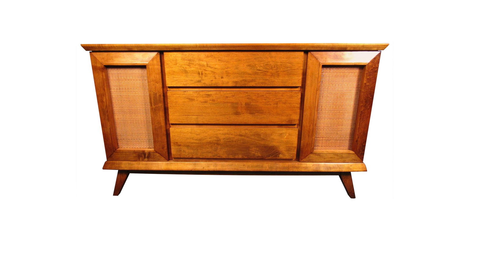 Mid-Century Modern Cane Door Server: A vintage server full of Mid-Century Modern style, this piece can a brighten a room with its warm woodgrain and cane accents. With two side compartments and three large drawers, this server offers