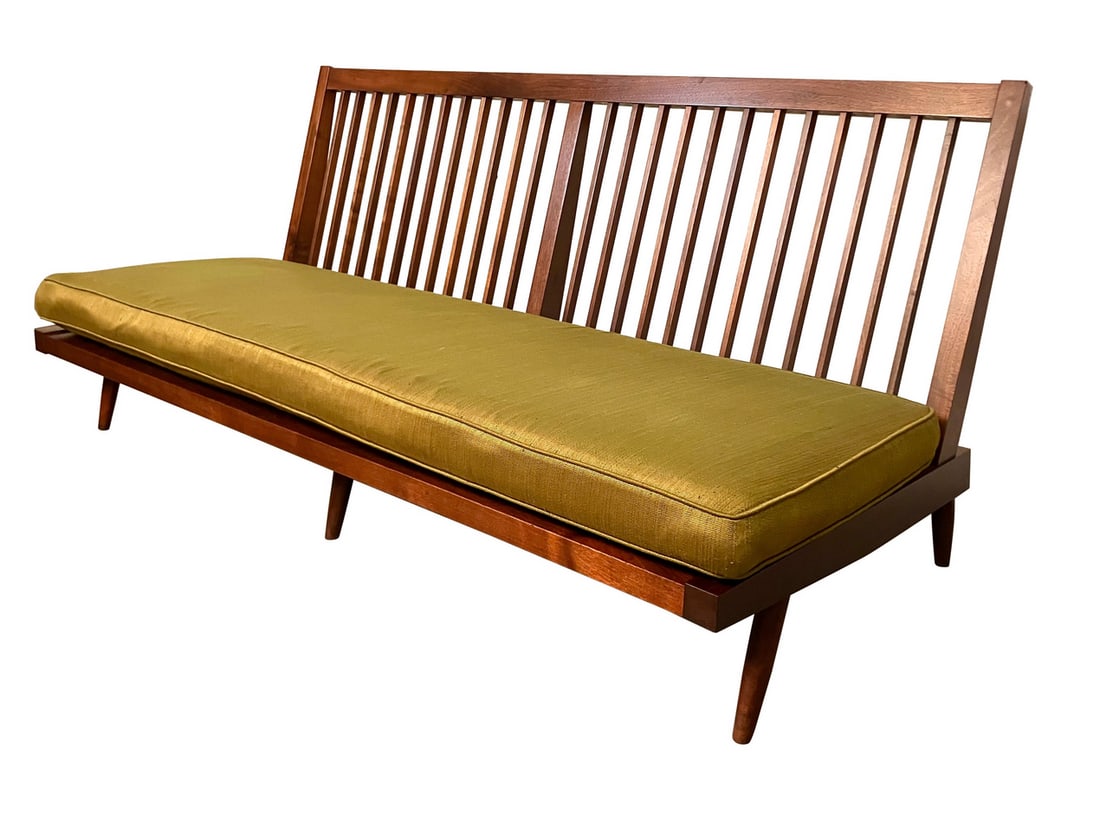 Black Walnut Mid-Century Organic Modern Settee by George Nakashima: Don't miss out on a once in a lifetime find with this genuine mid-century settee handcrafted by the American Modern pioneer, George Katsutoshi Nakashima (1905-1990). One of the most important figures