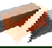 Asian Motif Coffee Table: This highly carved table is detailed on all sides, and designed as a storage trunk, but functions as a glass top coffee table. The intricate detailed engraved scenes are on the front, back and top,