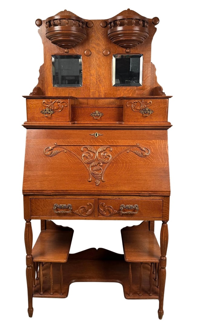 Stunning Victorian Antique Golden Oak Slant Front Desk: Elevate your interior with the timeless elegance of this Victorian antique slant front desk, crafted in richly grained golden oak and featuring a rare built-in étagère — the perfect marriage of