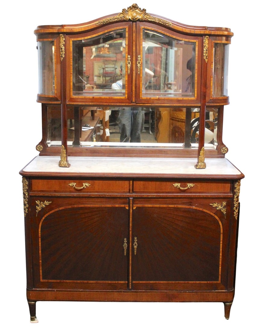 Louis XVI-Style Gilt Bronze Antique Buffet: This magnificent buffet is an eye catching piece for your home or as a restaurant serving station. The unit is three pieces, base cabinet, back splash mirror, and top glass cabinet. Featuring marble