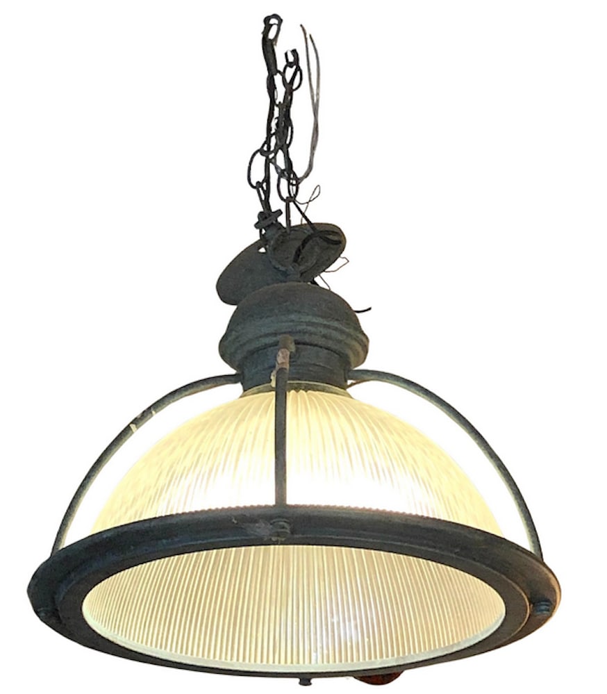Industrial Hanging Light: Metal frame pendant with ribbed glass shade. // PICK UP LOCATION: BROOKLYN NY // Dimensions: Height: 13 in Diameter: 17 in // Condition: Wear consistent with age and use. Re-wiring may be recommended
