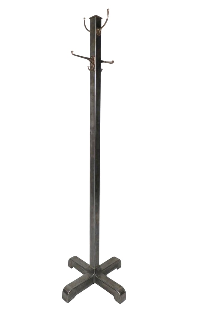 Heavy Industrial Coat Stand: Solid metal standing coat stand with brass hooks. Metal has been given a bare metal brush finish, which accents the brass hooks nicely. // PICK UP LOCATION: BROOKLYN NY // Dimensions: Height: