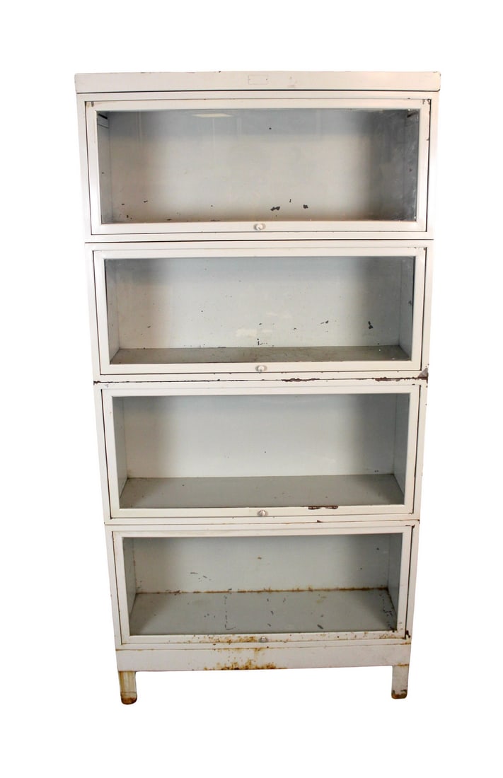 Vintage 4-stack Industrial Metal Barrister Bookcase: A distinctive vintage 4-stack metal barrister bookcase featuring industrial charm and timeless functionality. Each stacking section includes a glass front door with a smooth upward-sliding mechanism,