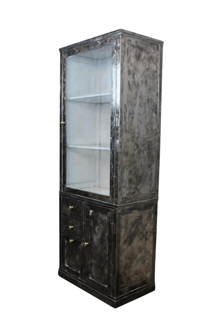 Industrial Brushed Steel 2-Piece 80" Display Cabinet: Standing over 6 feet tall, this steel structure features a large windowed display cabinet with two inlaid glass shelves that sits atop a lower cabinet with two pull out drawers and additional pair of