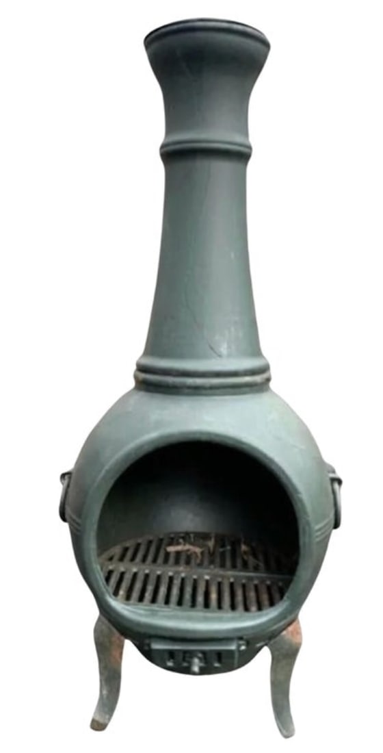 Elegant Cast Iron Chiminea: This quaint cast iron chiminea features a wonderful old fashioned design, complete with grates, ring handles and top lid. This piece would make a perfect center piece to any outdoor lounge area. //