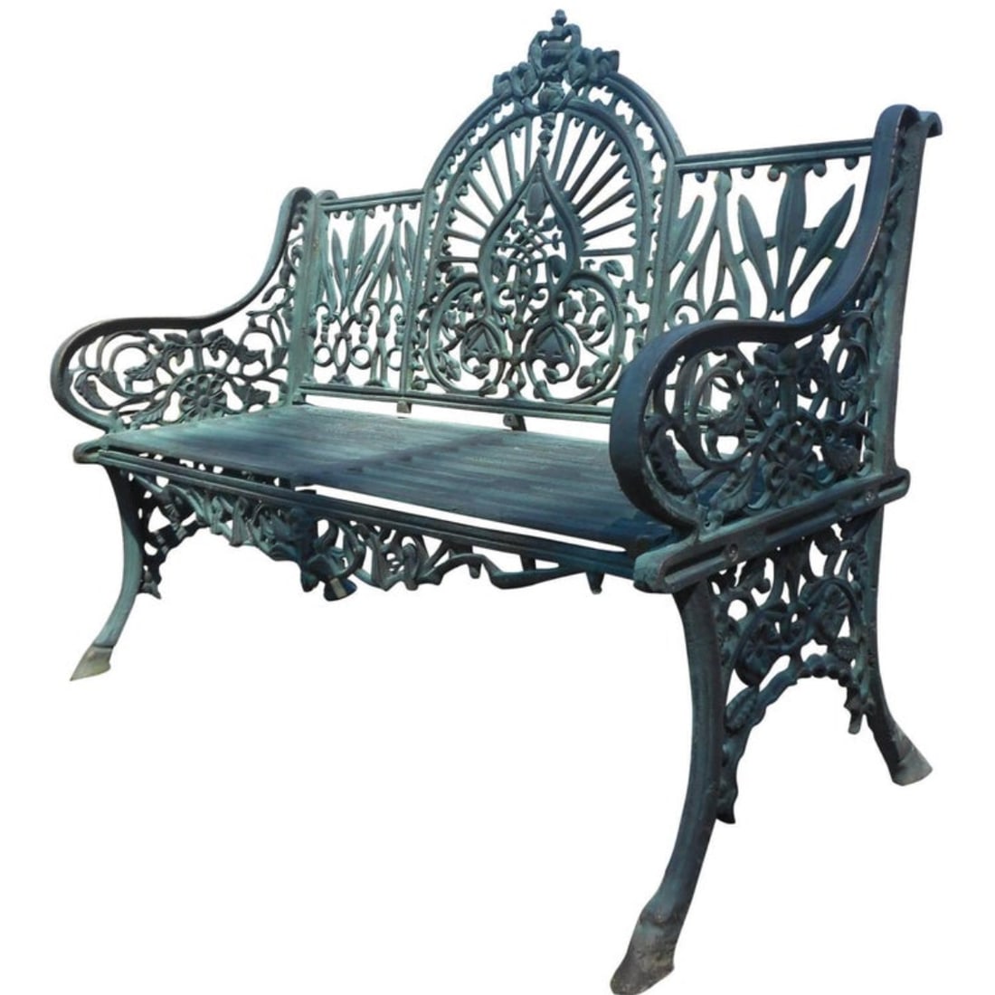 Sculpted Cast Iron Bench: This beautiful cast iron bench features sculpted arm rests, an arched backrest, and a slatted seat. A unique and comfortable design with excellent detail throughout. Splayed legs and a decorative back