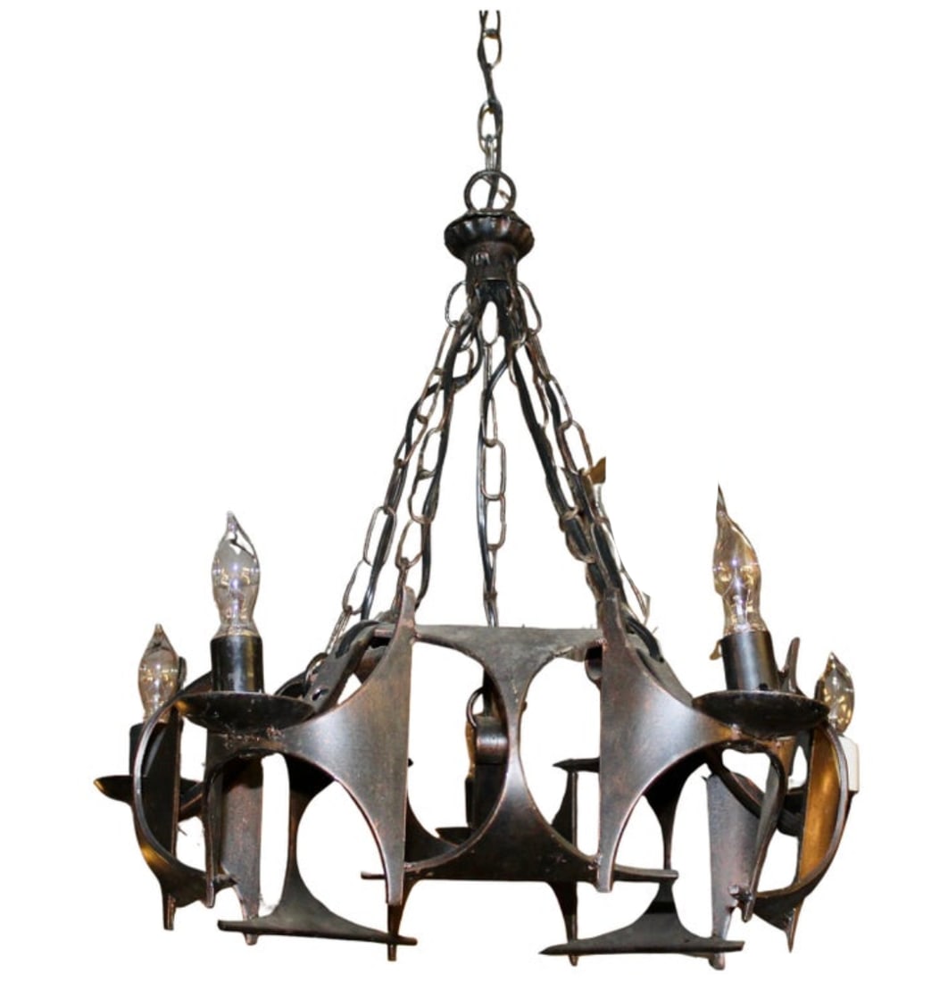 Brutalist Iron Chandelier: Hanging chandelier made of welded iron pieces forming a gothic and brutalist style design. Five arms for medium base bulbs. // PICK UP LOCATION: BROOKLYN NY // Dimensions: Height: 24 in Diameter: 22.5