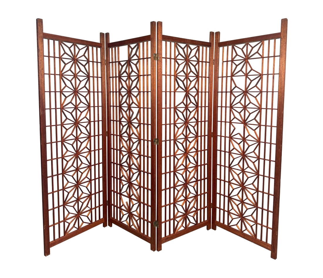 Vintage Mid-Century Folding Geometric Room Divider: Stylish mid-century screen featuring a minimalist frame and geometric design, ideal for use as a room divider or decorative accent. // PICK UP LOCATION: WALL NJ // Dimensions: Height: 71 in