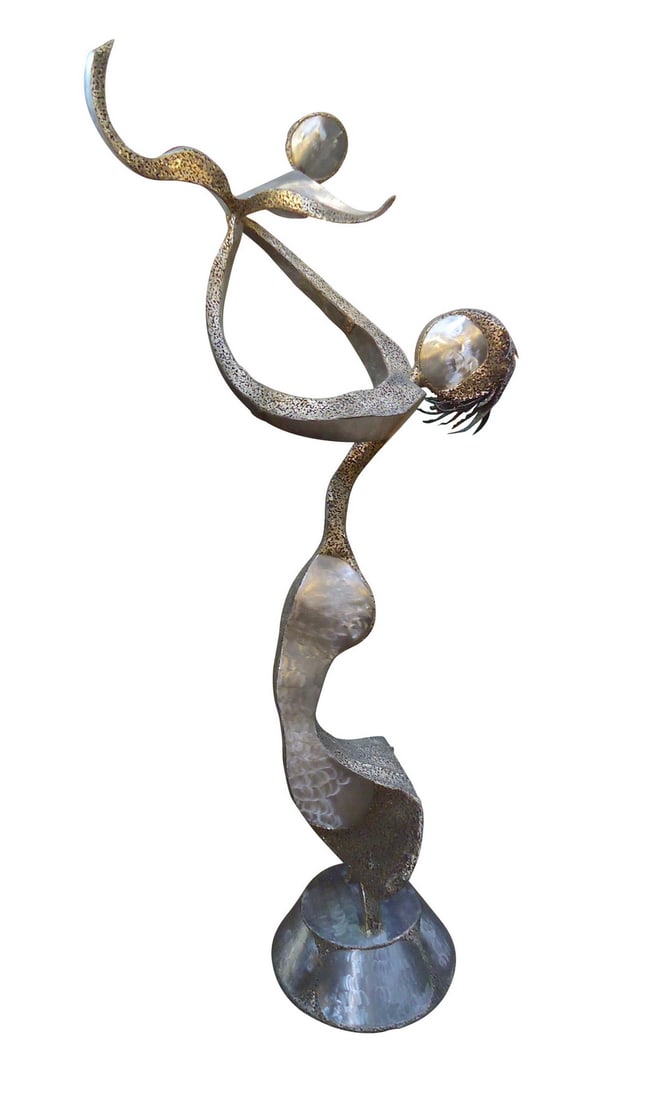 Cobert Collins Metal Sculpture of Woman and Child: Industrial style metal sculpture of woman holding child. Attributed to Cobert C Collins: 1924-2013. // PICK UP LOCATION: BROOKLYN NY // Dimensions: Height: 78 in Width: 33 in Depth: 19 in 