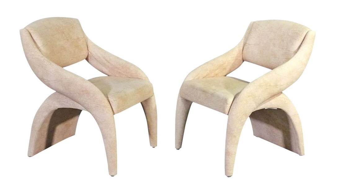 Carson's High Point Sculpted Chairs: Unique mid-century style faux leather chairs. Sculpted frames in soft pink fabric. // Pickup location: Brooklyn, NY // Dimensions: Height: 34 in (86.36 cm)Width: 23 in (58.42