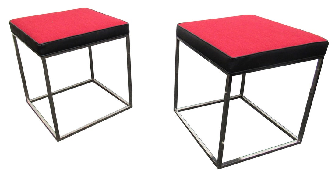 Chrome Square Benches: Pair of modern style footstools with black and red fabric and sleek chrome frames. Great as extra seating. // Pickup location: Brooklyn, NY // Dimensions: Height: 23 in (58.42