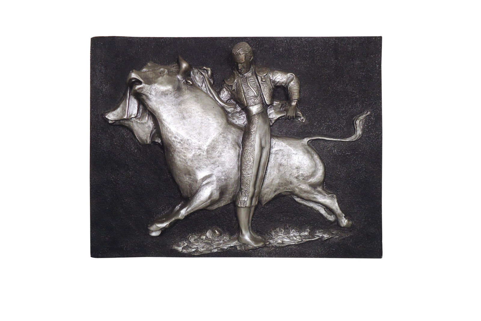 Mid-Century Fiberglass Matador Wall Art by J. Segura: Fascinating molded fiberglass bull fight by renowned mid-century artist J. Segura. A three dimensional casting jumps off the wall and adds a vivid sense of adventure and excitement to any room.