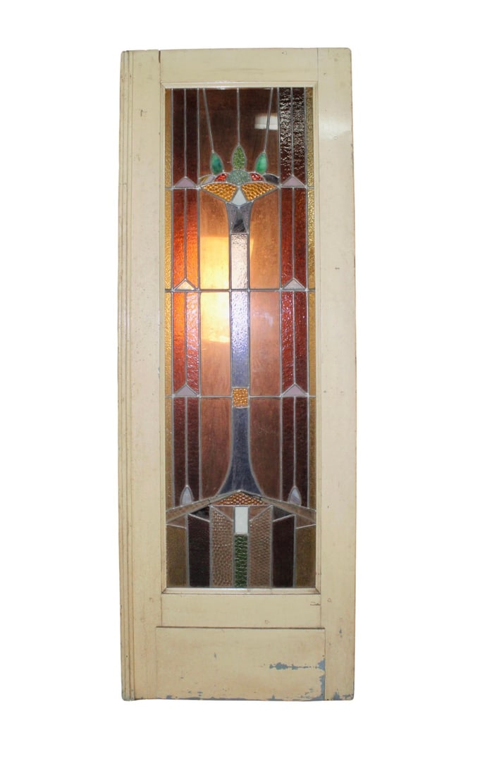 One of Two Stained Glass Doors: Early 20th Century door with large stained glass window. Art Deco styled design with colorful glass panels. There are 2 doors, the listing is for 1. // PICKUP LOCATION: Brooklyn, NY // 